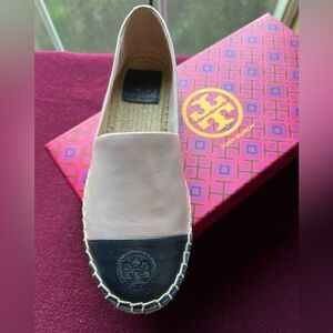 Tory Burch Cream and Black Espadrille Flats with Jute Sole